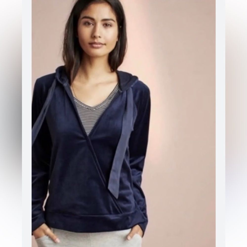 Anthropologie Saturday Sunday Navy Blue Soft Velour Wrap Front Hooded Pullover